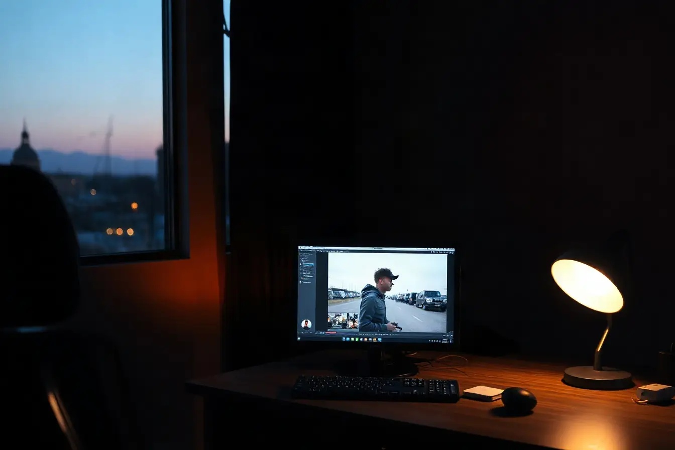 Video editing suite at dusk prepared for post-production